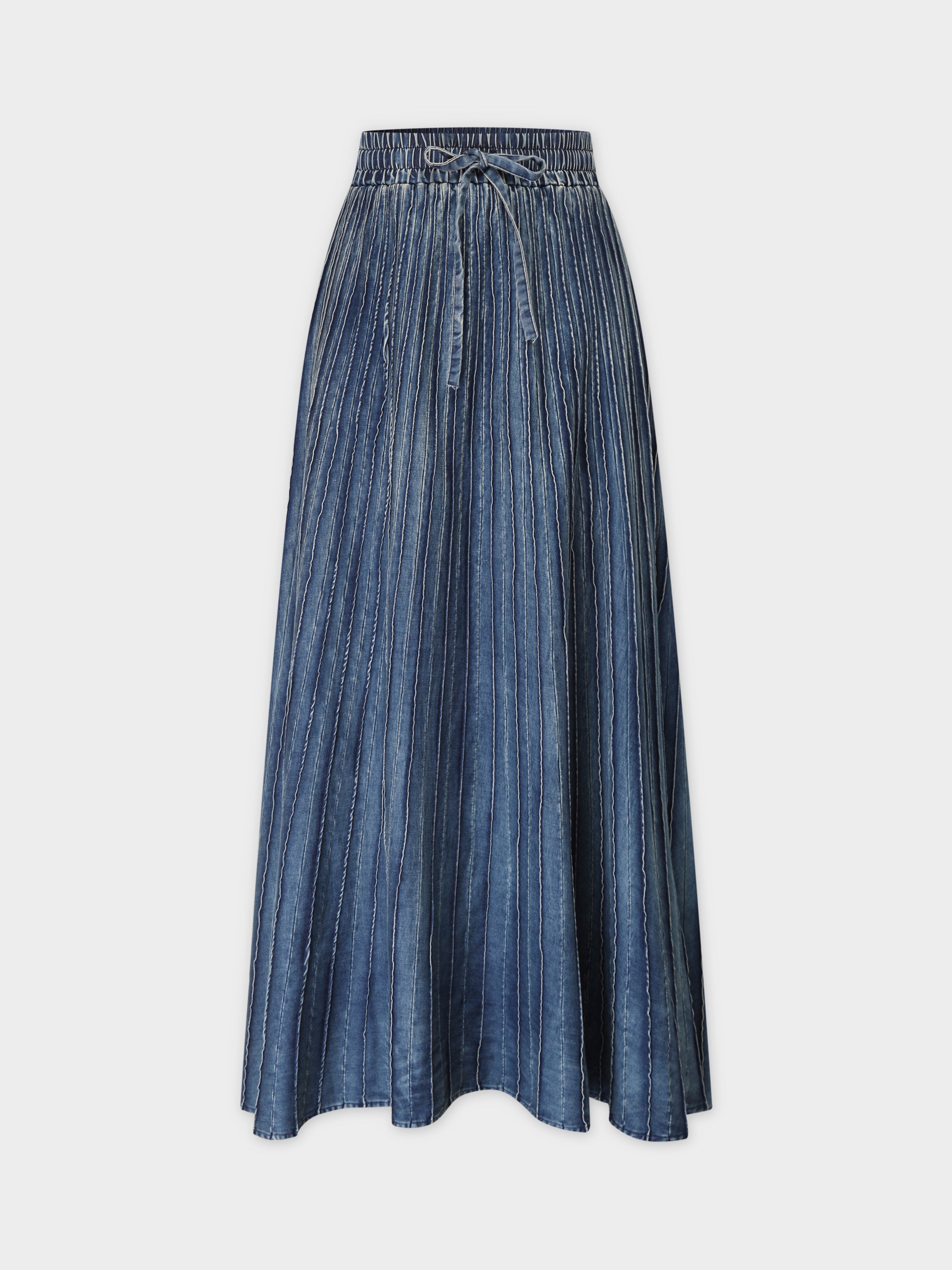 WASHED SEAMED DENIM SKIRT-LIGHT BLUE