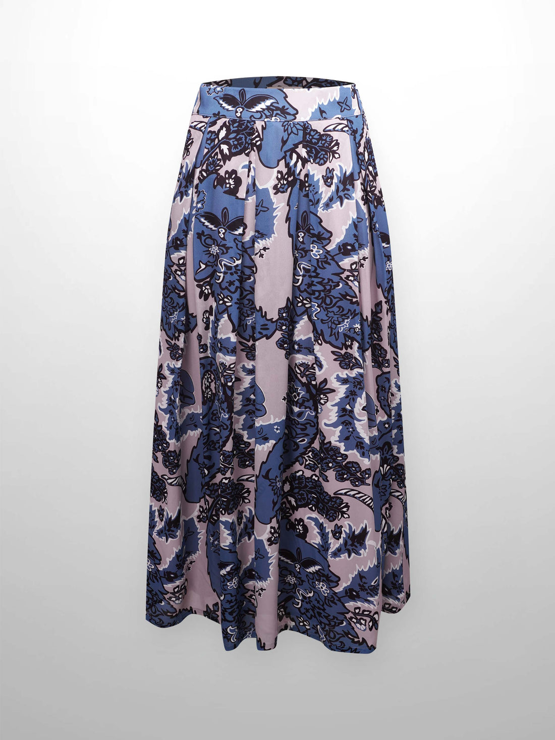 Box Pleated Chiffon Skirt-Blue/Taupe Paisley