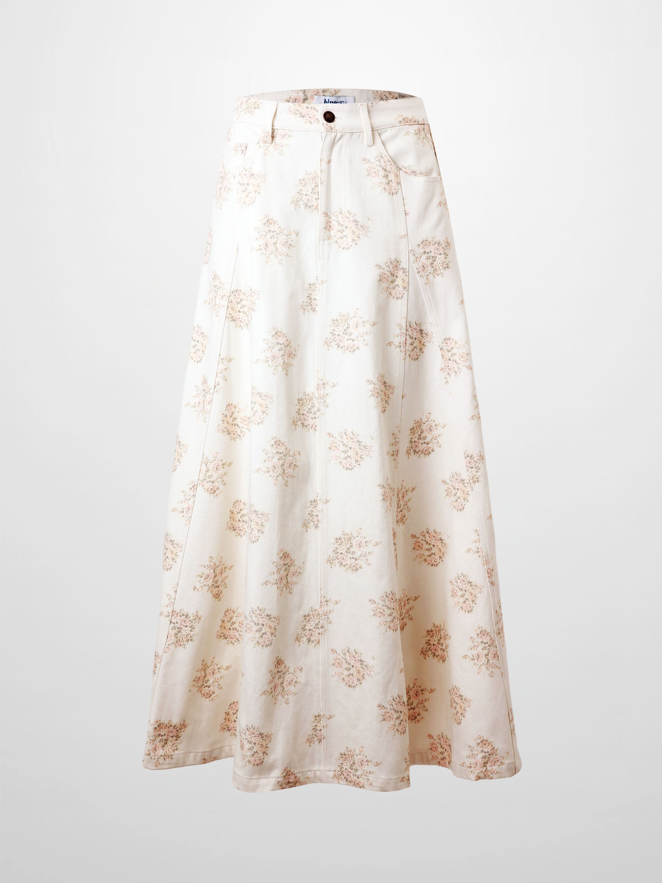 Floral Print Seamed Denim Skirt-White and Pink Floral