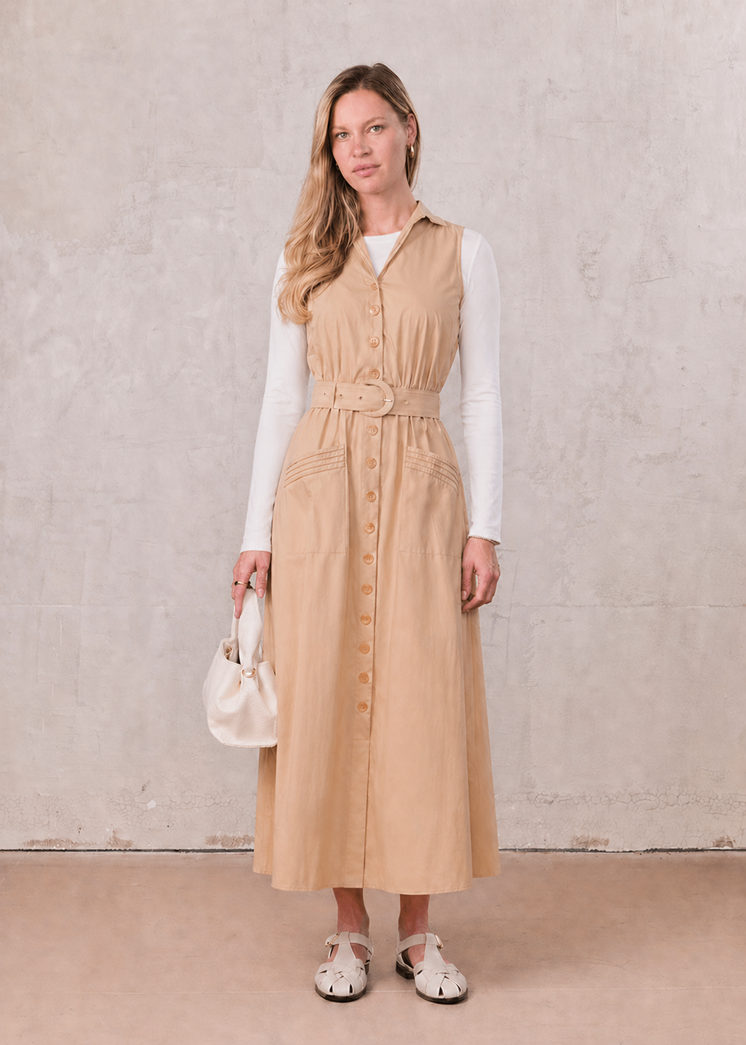 Button Down Belted Jumper-Sand