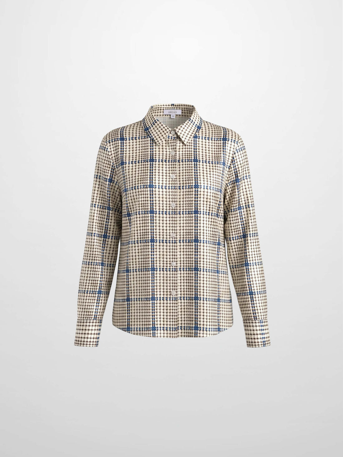 Button Down Faux Satin Blouse-Brown Houndstooth
