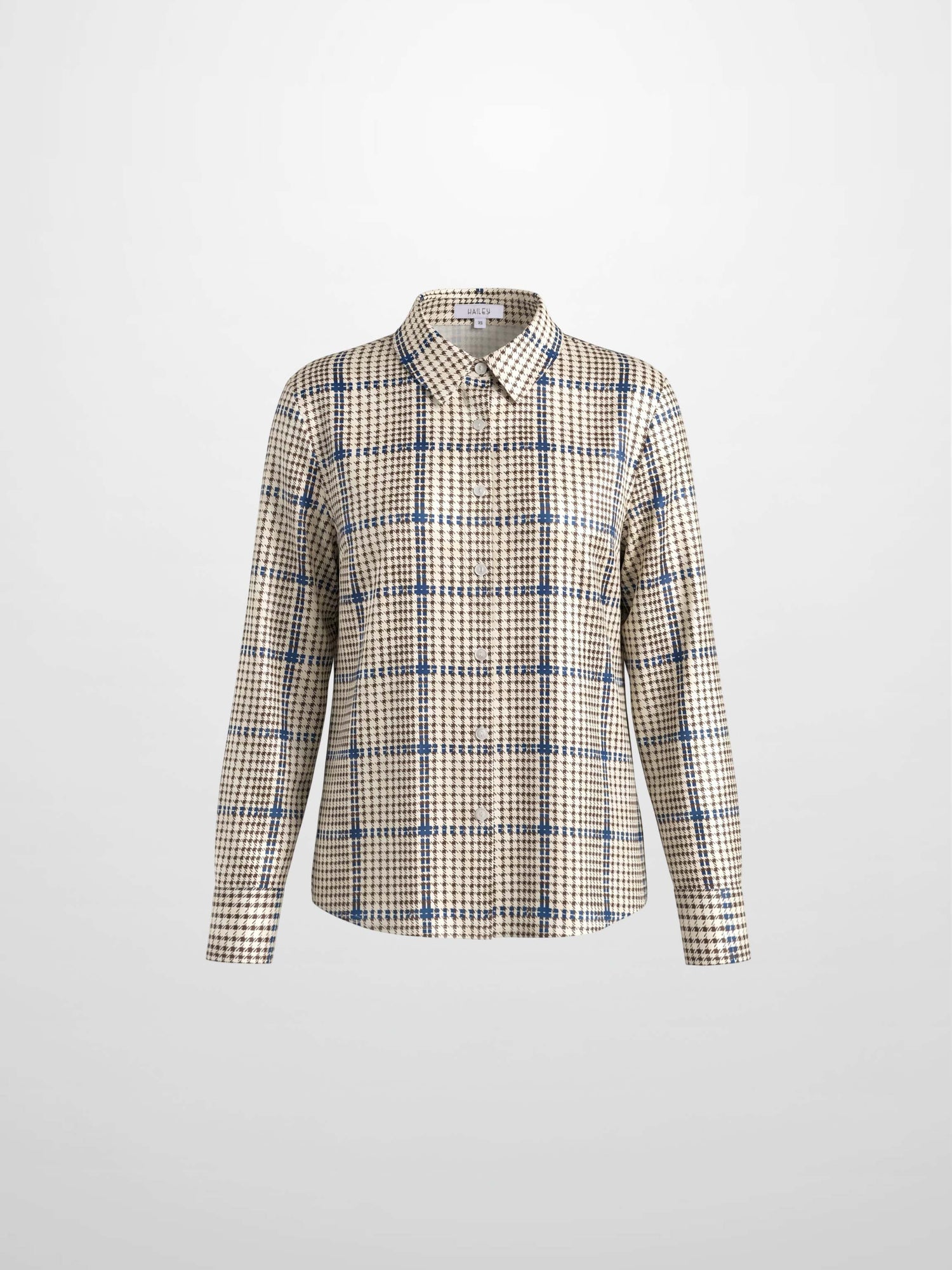 Button Down Faux Satin Blouse-Brown Houndstooth