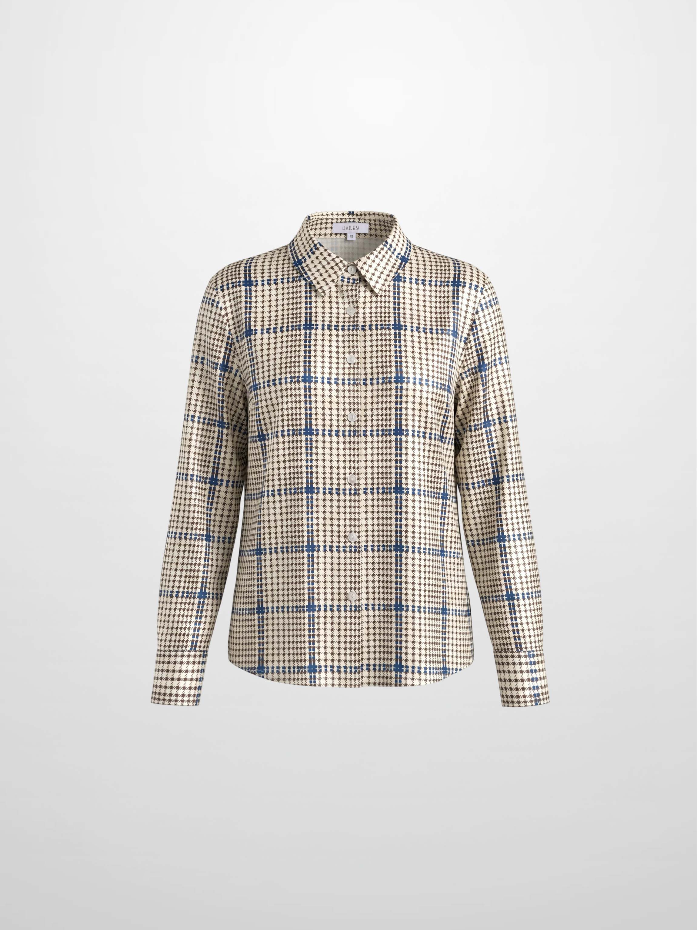 Button Down Faux Satin Blouse-Brown Houndstooth