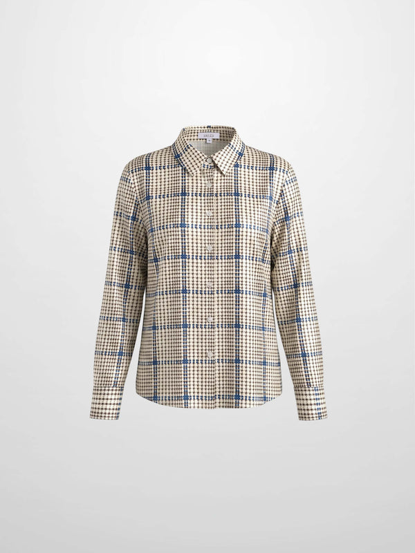 Button Down Faux Satin Blouse-Brown Houndstooth