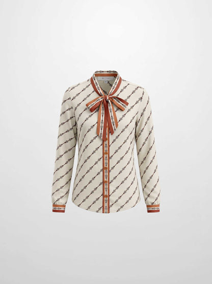 Button Down Bow Blouse - Boarder Print