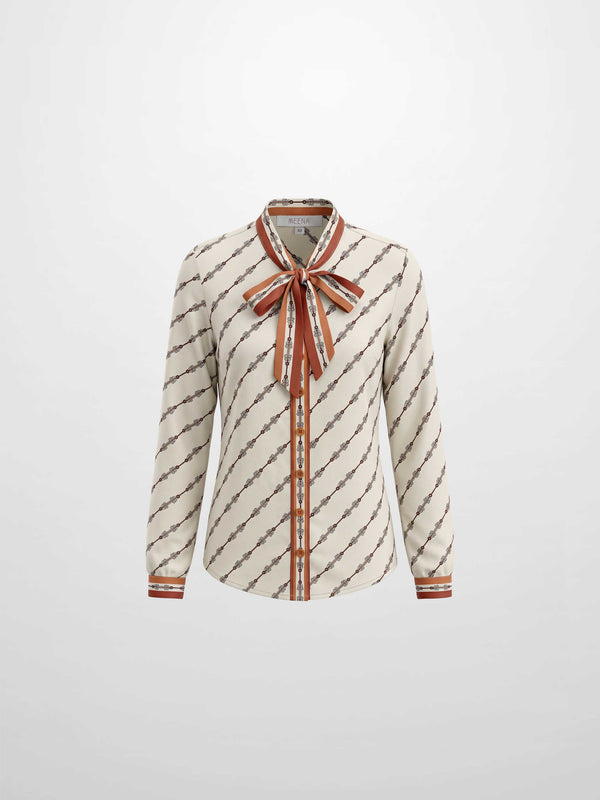 Button Down Bow Blouse - Boarder Print