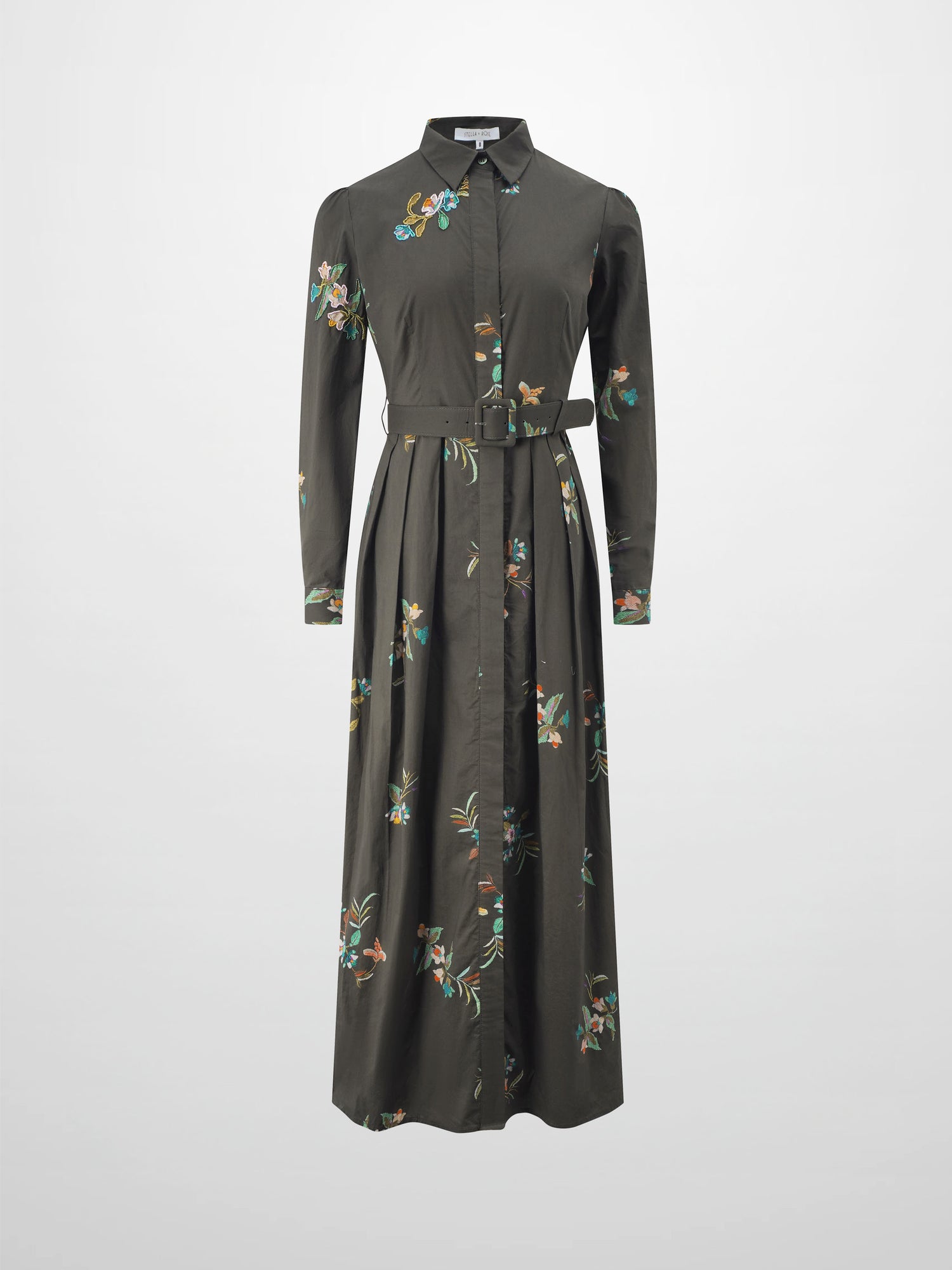 Belted Pleated Bottom Shirtdress-Beaded Floral