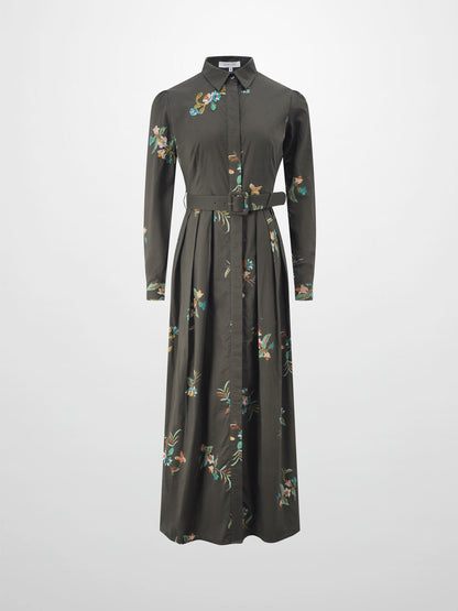 Belted Pleated Bottom Shirtdress-Beaded Floral