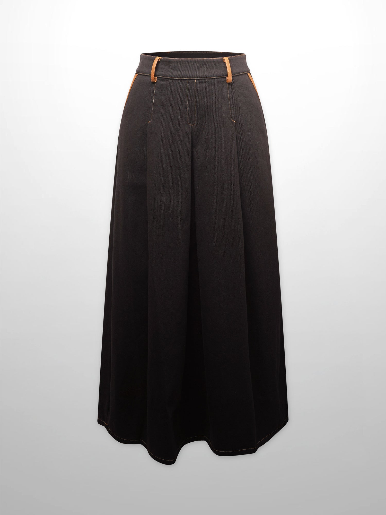 Leather Trim Denim Skirt-Black