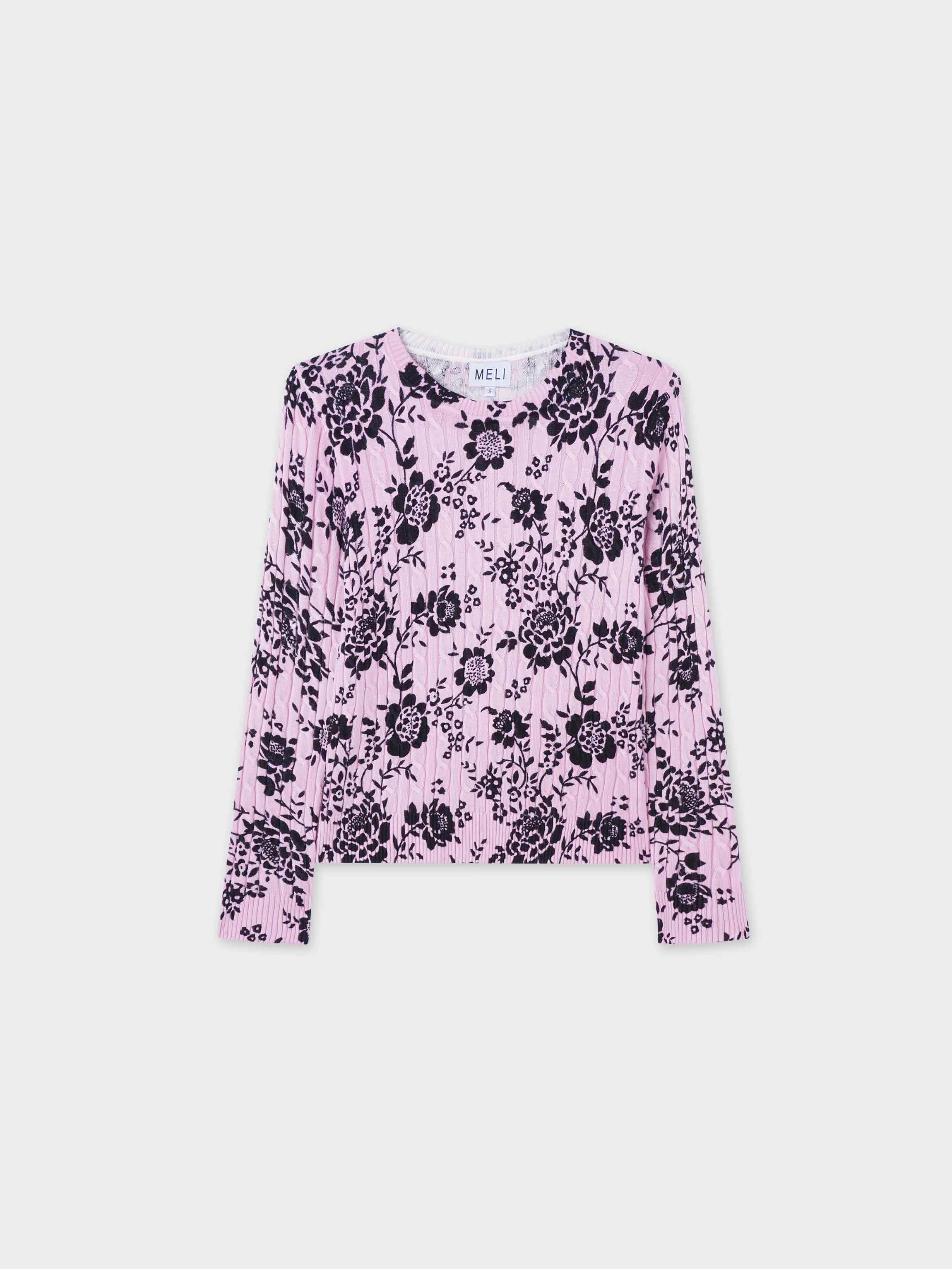 Printed Cable Knit Sweater-Pink/Black Floral