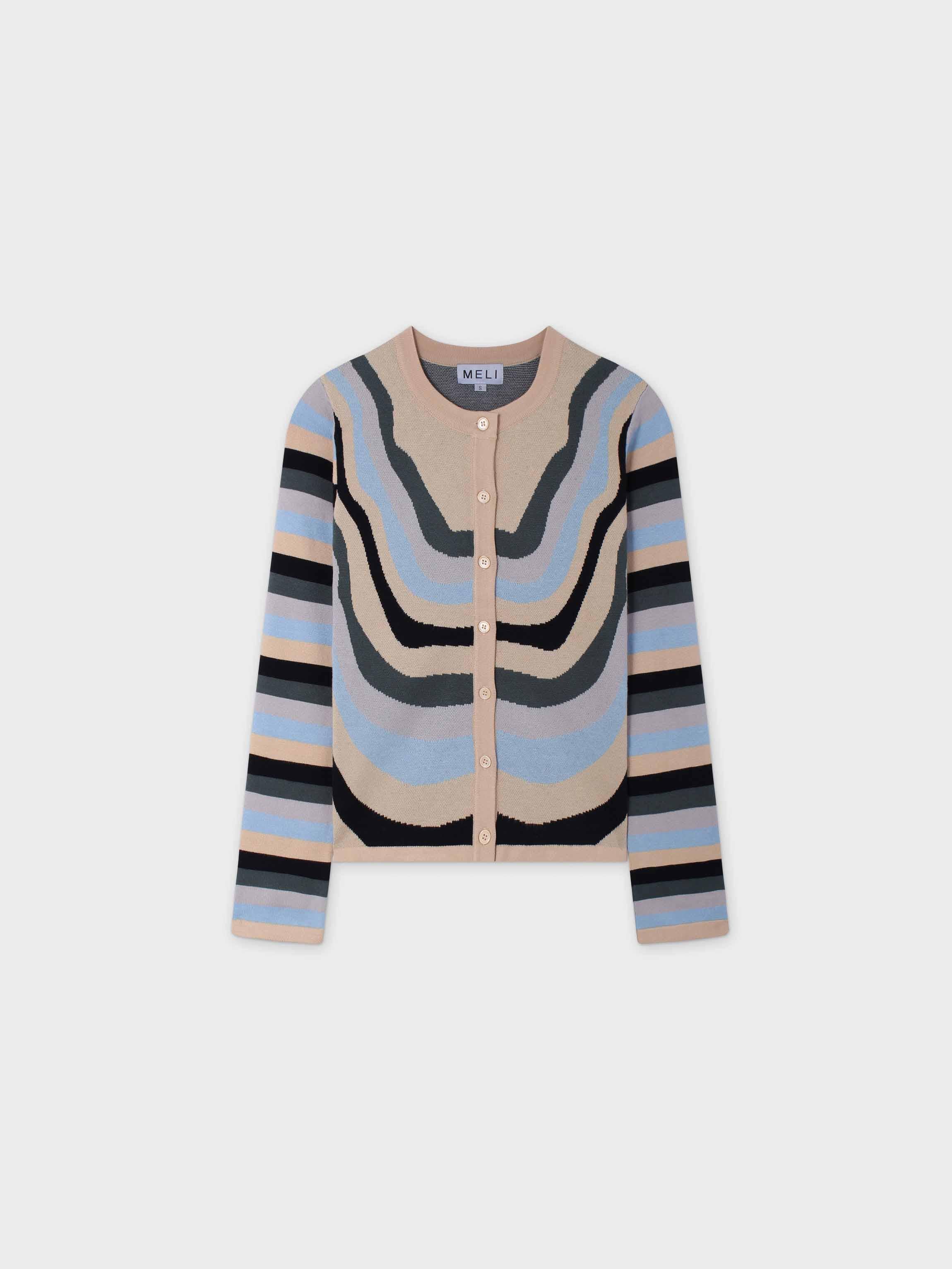 Wave Design Cardigan-Light Blue/Tan