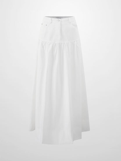 Gathered Drop Waist Yoke Skirt-White