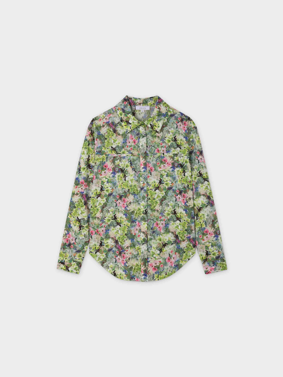 Rounded Hem Button Down Shirt-Green Garden