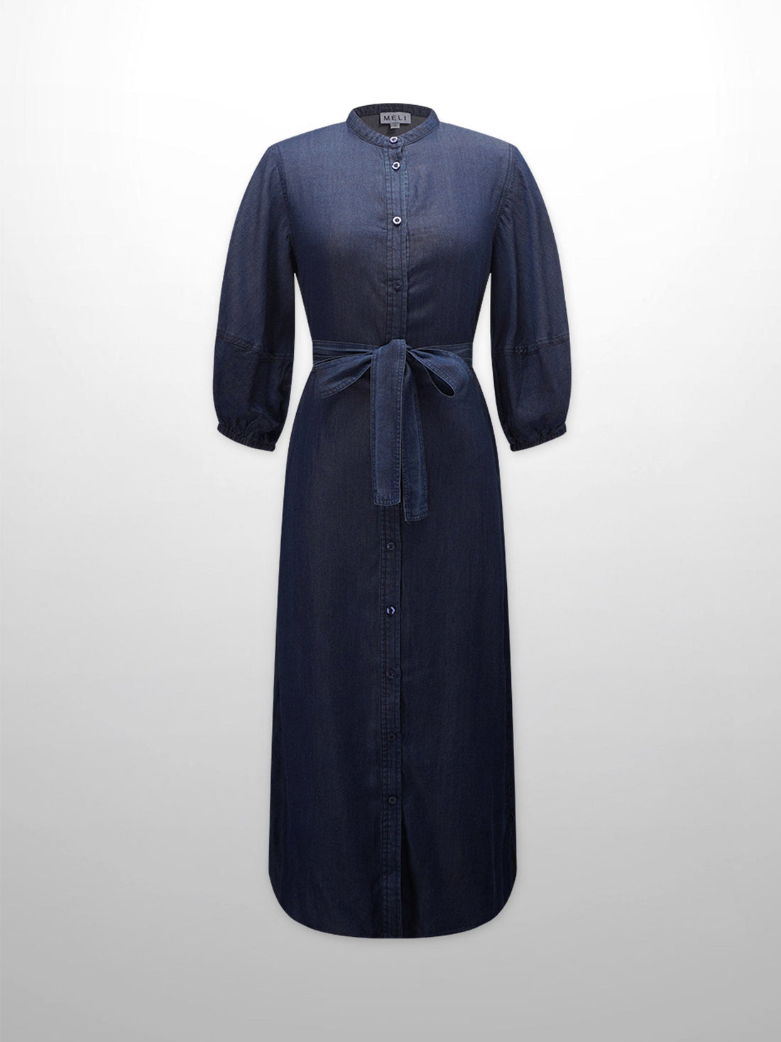 Puff Sleeve Denim Shirtdress-Dark Blue Wash