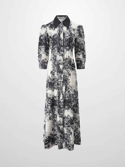 Collared Ruched Back Shirtdress-Navy Toille