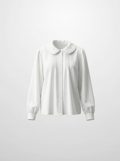 Ruffle Collar Pintuck Pleat Blouse-White