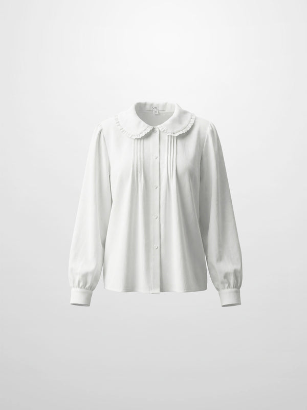 Ruffle Collar Pintuck Pleat Blouse-White