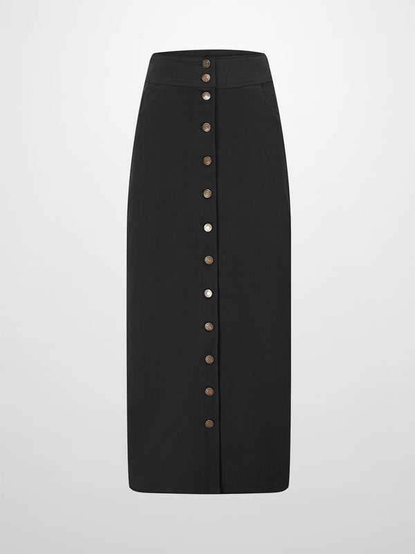 Button Down Denim Skirt-Black