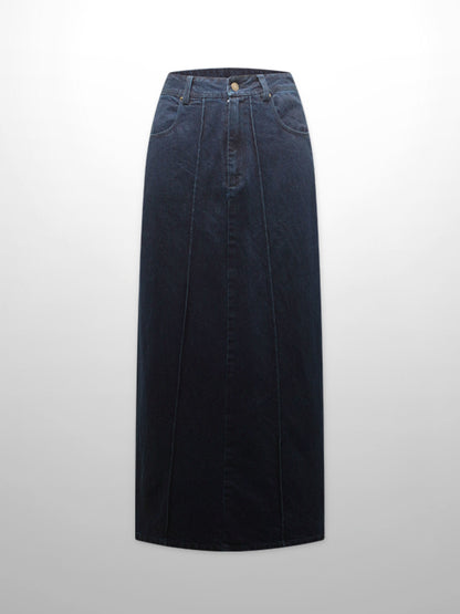 Denim Seamed Skirt-Dark Blue