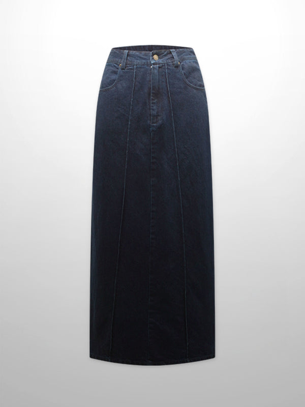 Denim Seamed Skirt-Dark Blue