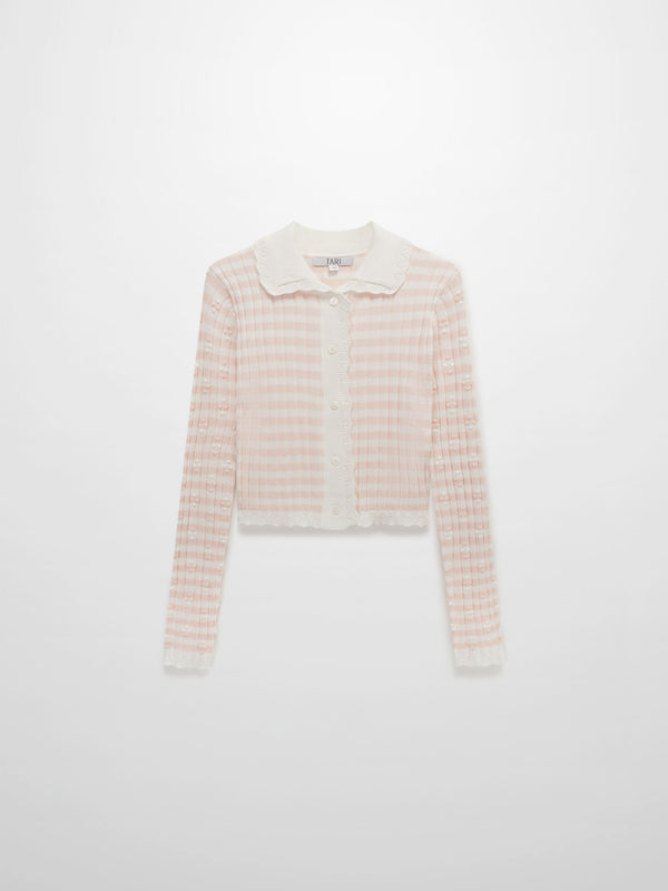 Striped Scalloped Edge Cardigan-Pink/White
