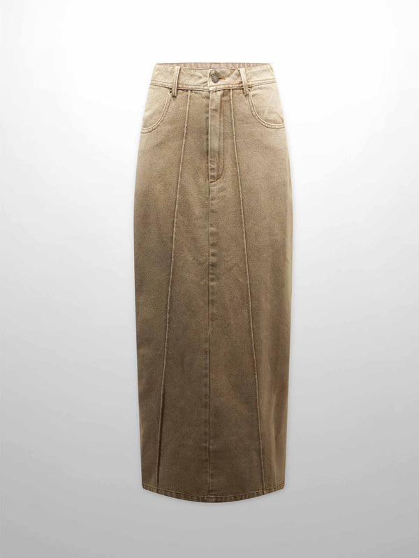 Denim Seamed Skirt-Tan Wash