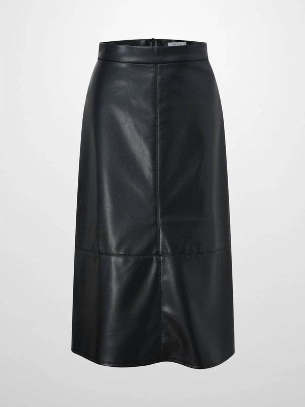 Short A-Line Seamed Faux Leather Skirt-Black
