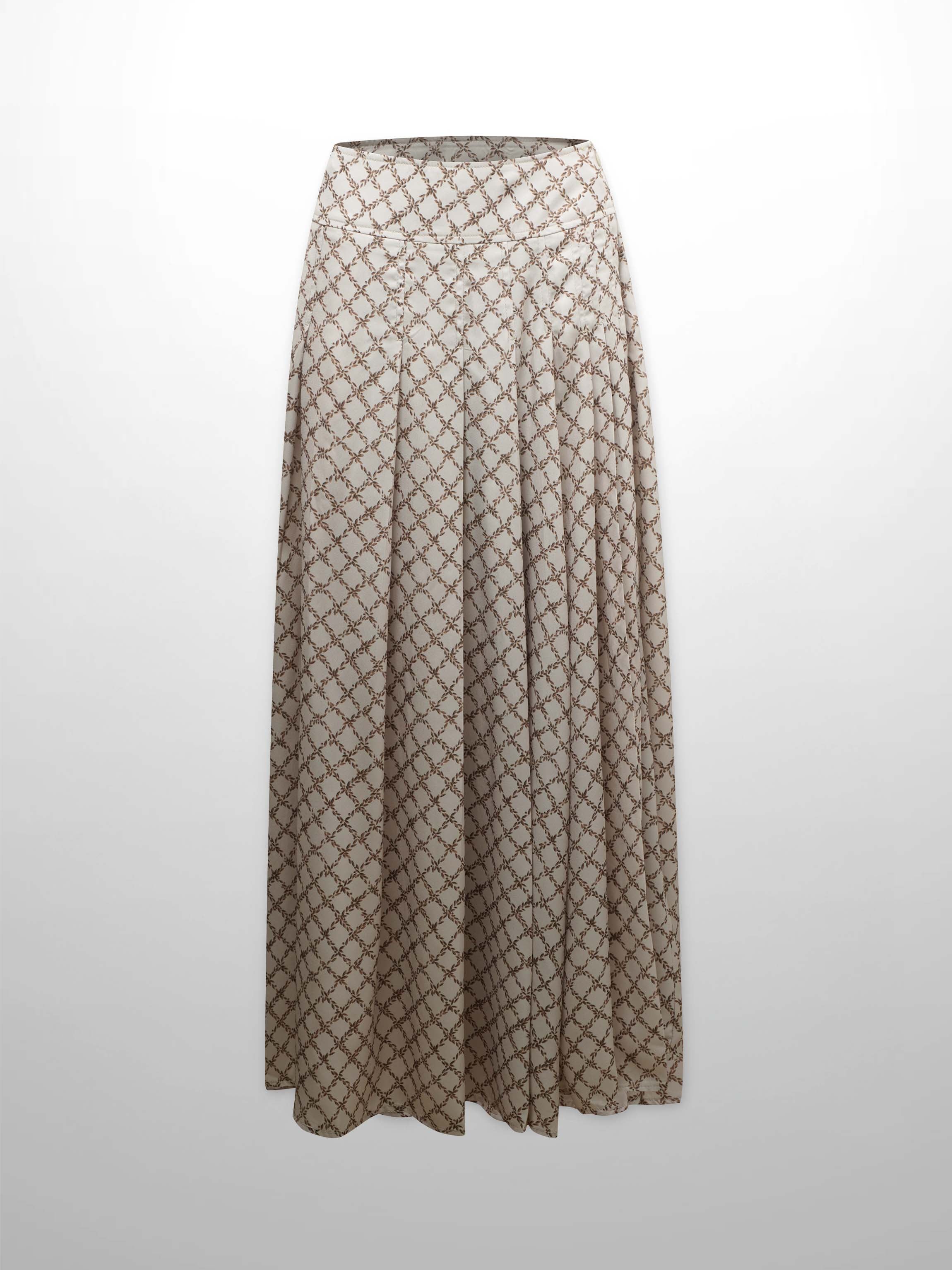 Yoke Printed Pleated Skirt-Diamond Leaves