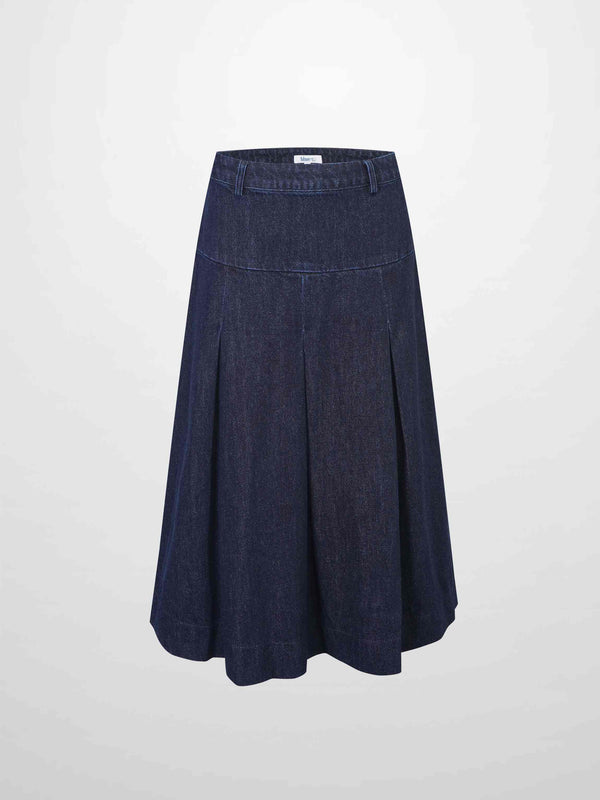 Yoke Pleated Denim Skirt-Blue