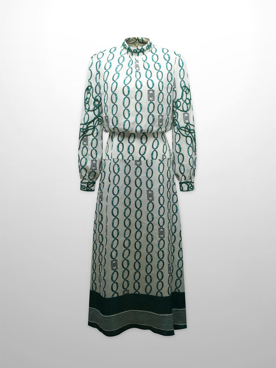 Ribbon Detail Yoke Dress-Green/White