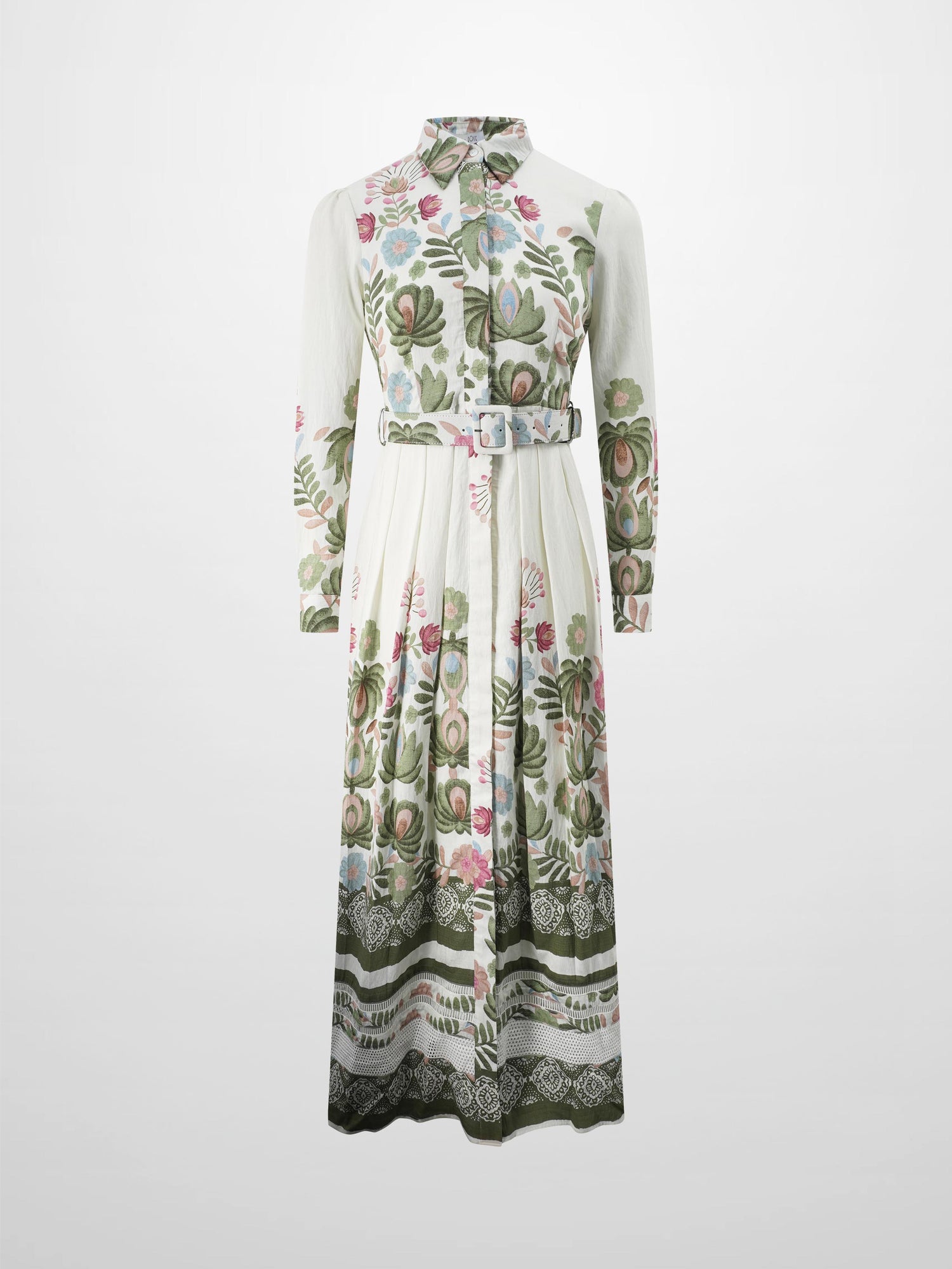 Belted Pleated Bottom Shirtdress-Floral Design