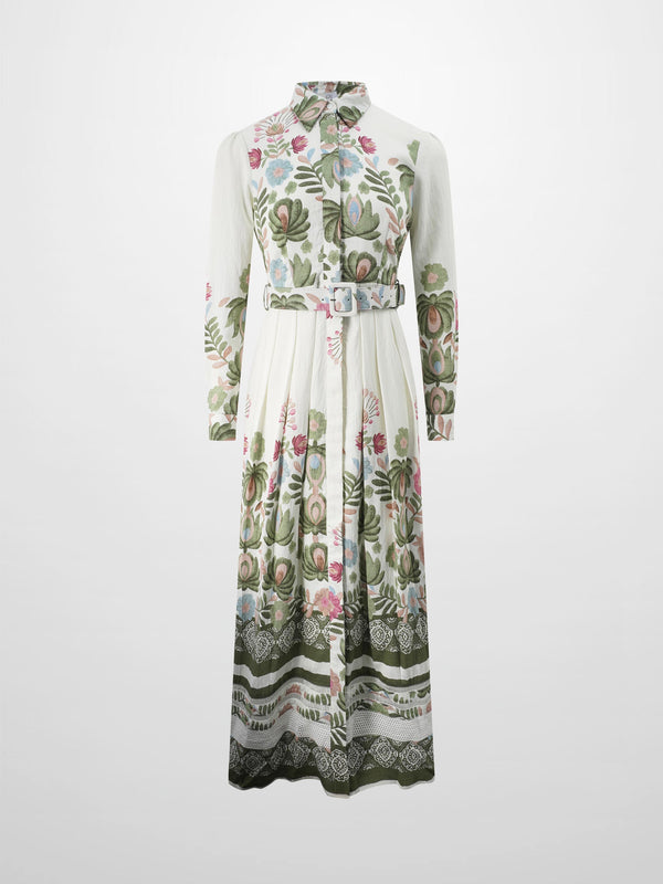 Belted Pleated Bottom Shirtdress-Floral Design