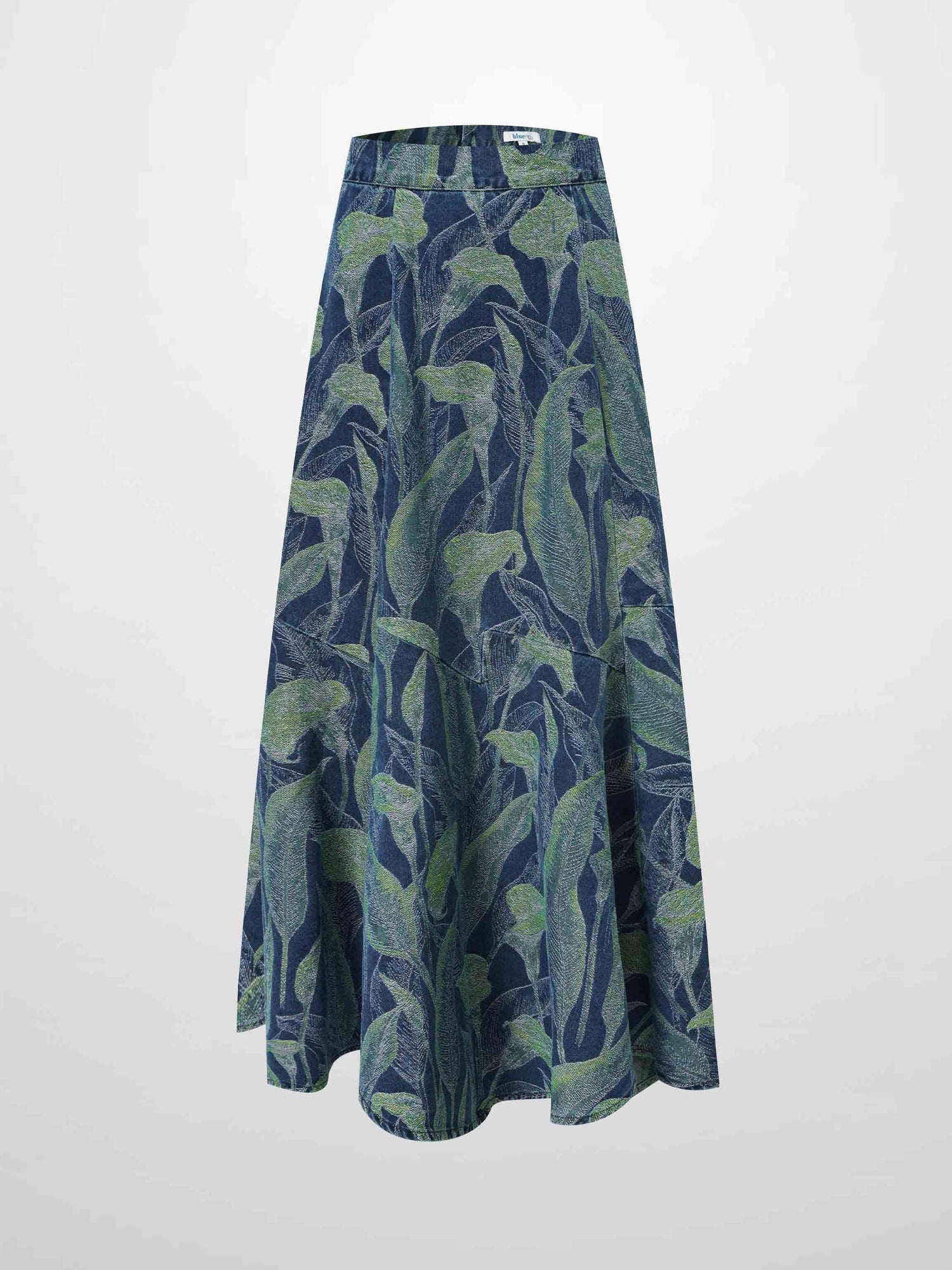 Printed Denim Trumpet Style Skirt-Blue Leaves