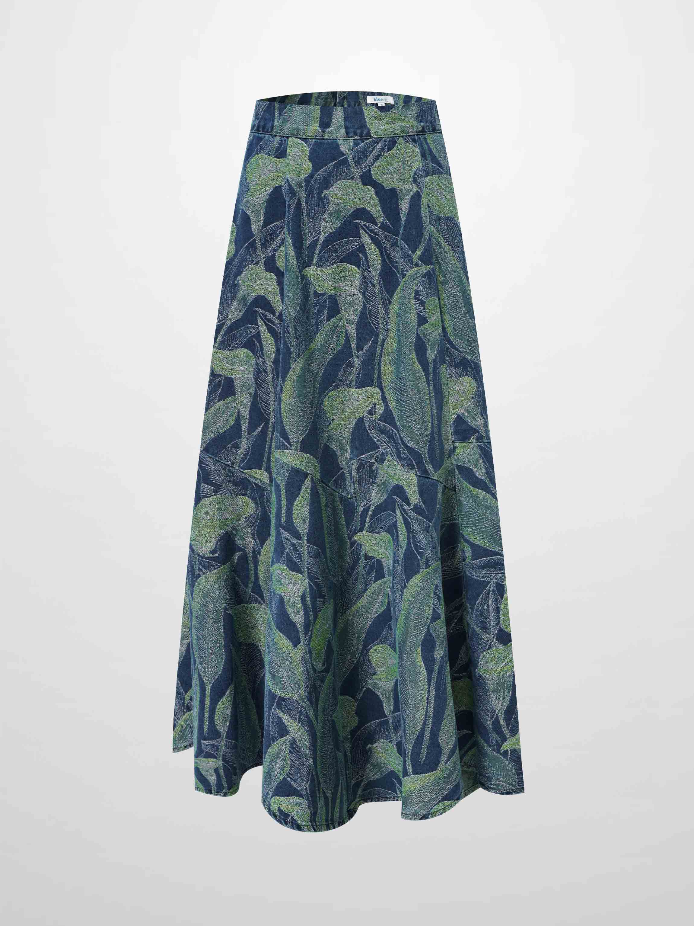 Printed Denim Trumpet Style Skirt-Blue Leaves