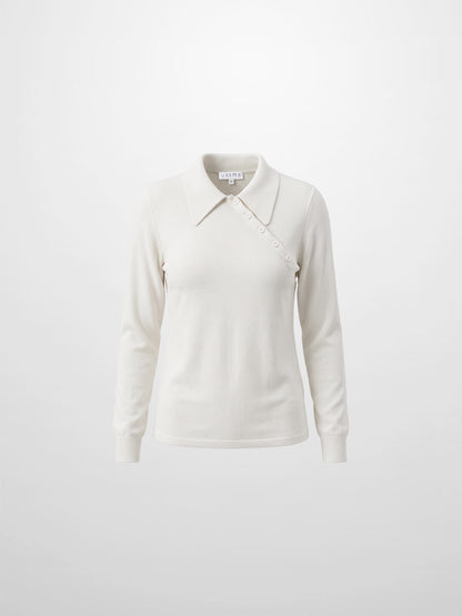 Asymmetrical Button Collar Sweater - Cream