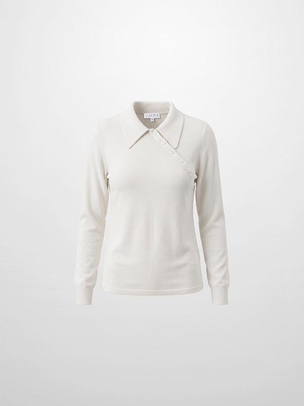 Asymmetrical Button Collar Sweater - Cream