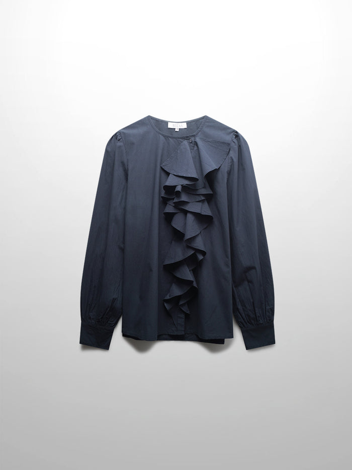 Asymmetrical Ruffle Blouse-Navy