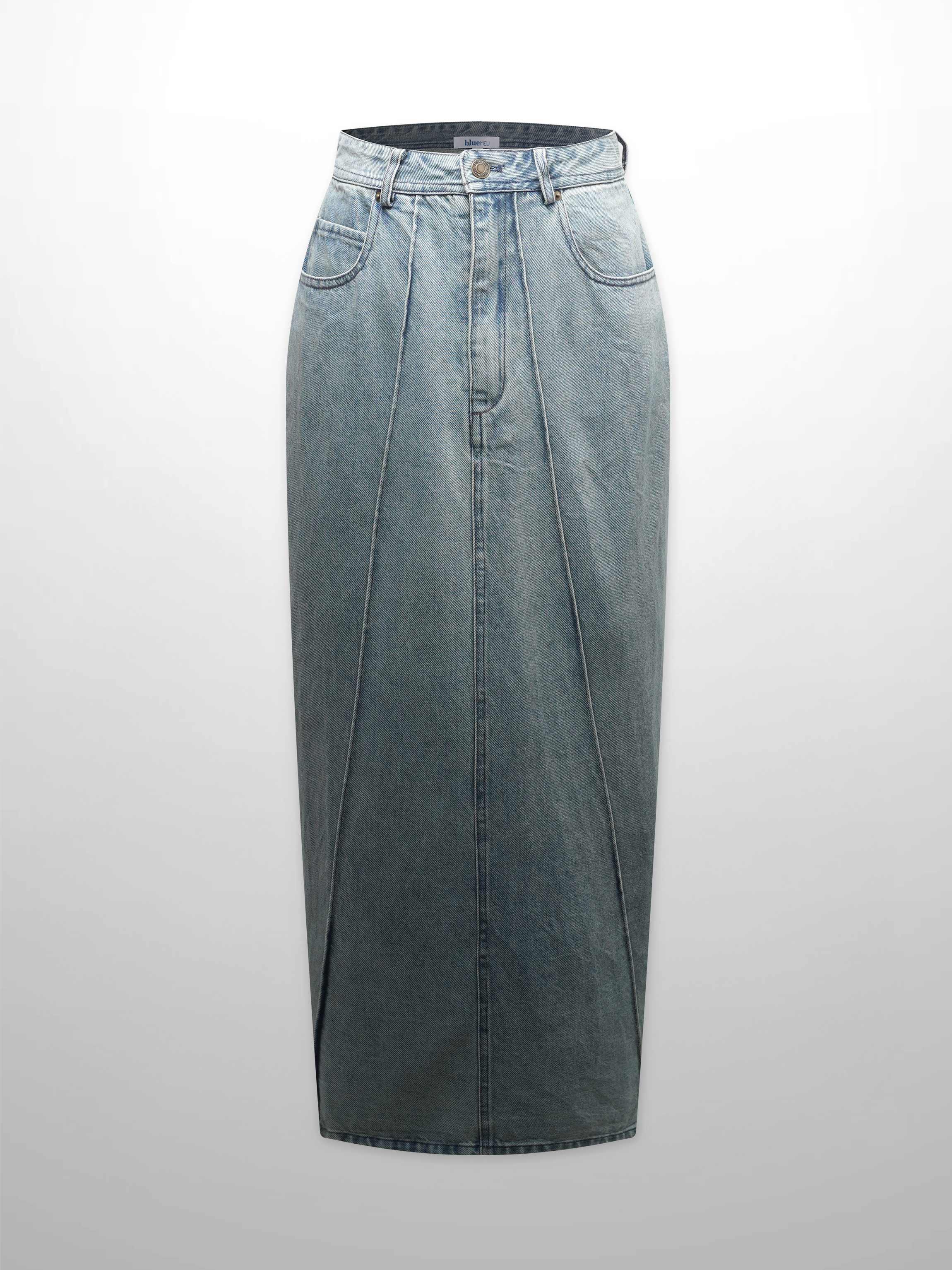 Denim Seamed Skirt-Blue Wash