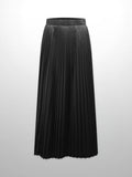 Stone Embellished Faux Satin Pleated Skirt-Black