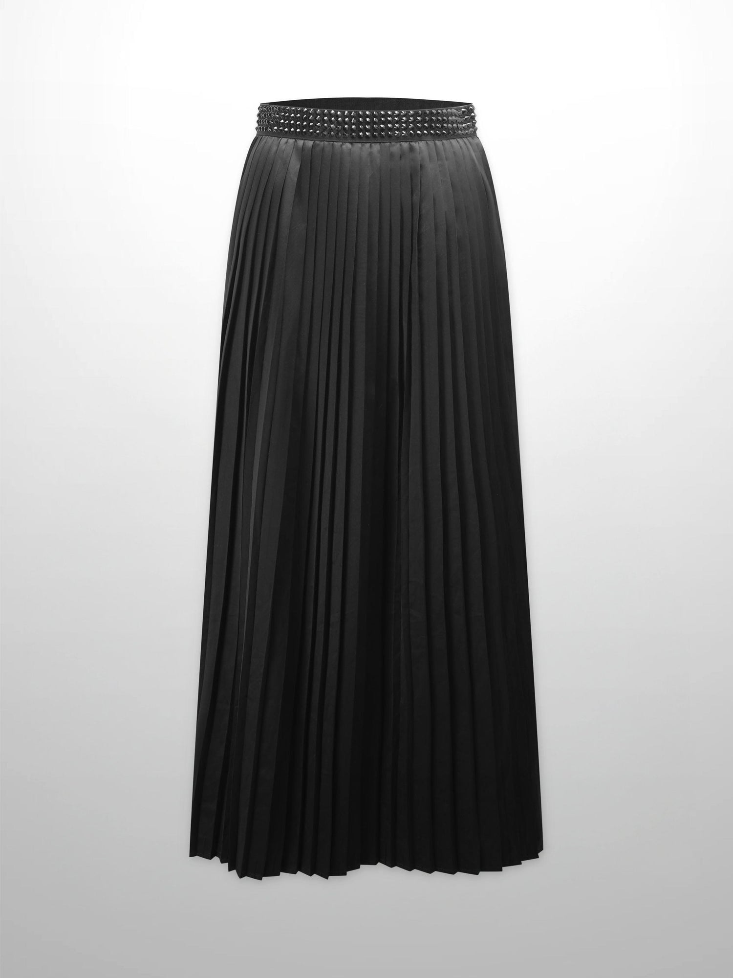 Stone Embellished Faux Satin Pleated Skirt-Black