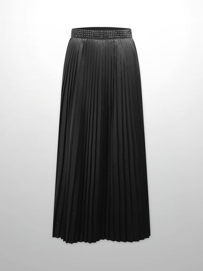 Stone Embellished Faux Satin Pleated Skirt-Black
