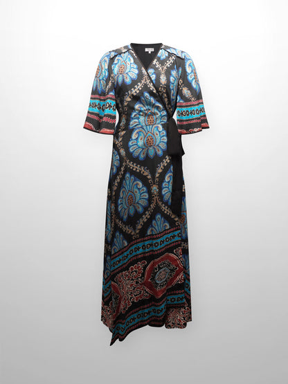 Flutter Sleeve Wrap Dress-Blue Medallion