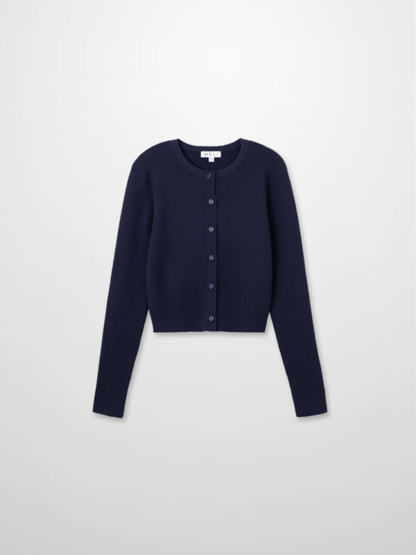 Ribbed Crew Neck Cardigan-True Navy