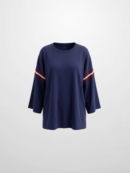 Crochet Stripe Boxy Tee-Blue/Burgundy/White