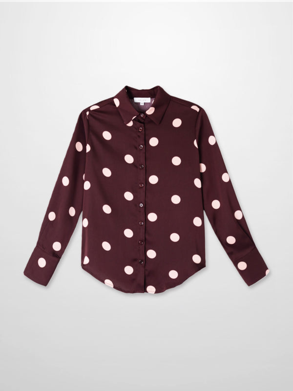 Oversized Satin Blouse-Burgundy/Cream Polka Dot