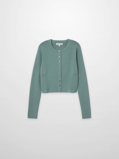 Gold Button Crop Cardigan-Sage