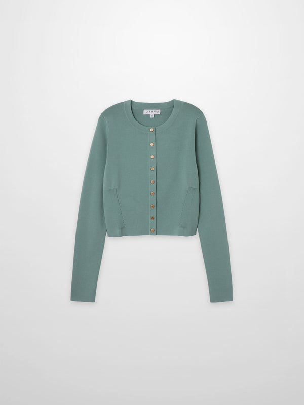 Gold Button Crop Cardigan-Sage