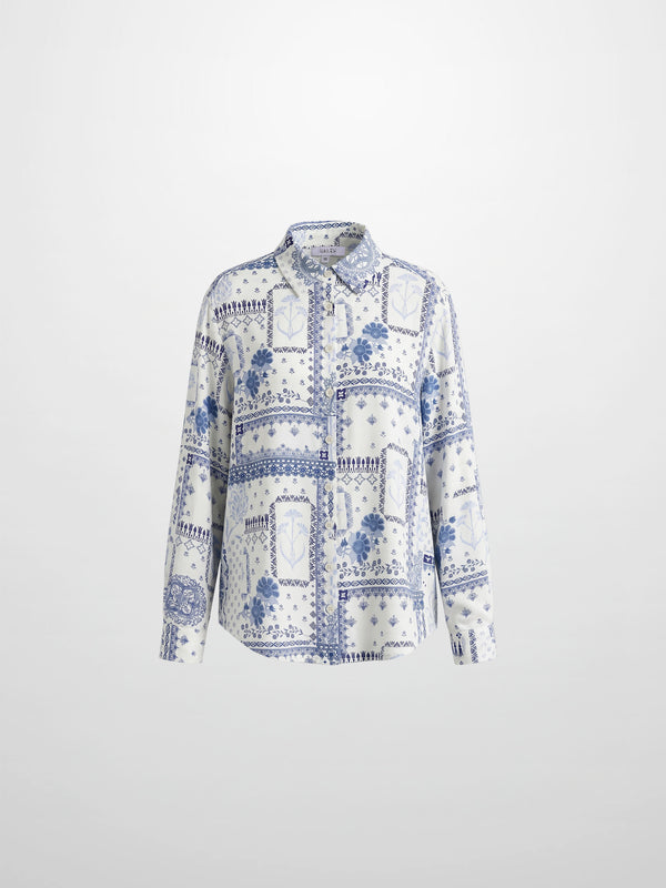 Button Down Collared Blouse-Blue Bandana