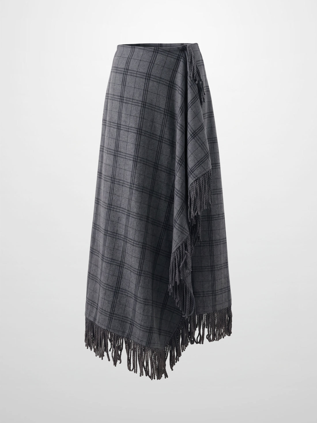 Tassel Mock Wrap Skirt - Grey Plaid