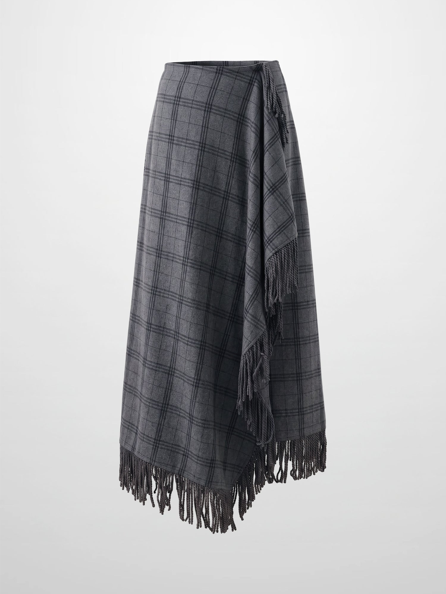 Tassel Mock Wrap Skirt - Grey Plaid